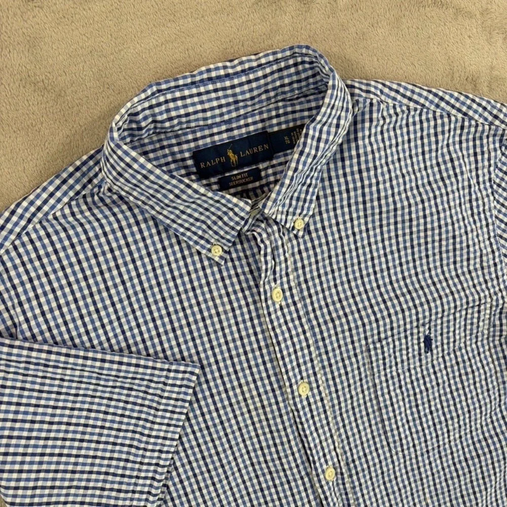 Polo Ralph Lauren Slim Fit Seersucker Shirt in Blue‎ Gingham Check Men XL Pony